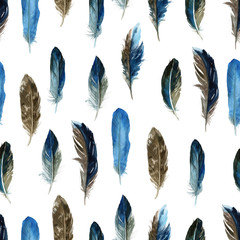 Seamless pattern with feathers. Drawn with watercolor, ink and pen. For fabric, paper, cards, invitations, envelopes, save the date and other.