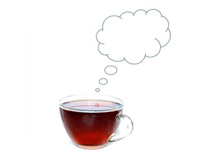 Cup of tea from which volatilization in shape of doodle cloud of thoughts to writing your text on empty space on white background. Isolated.