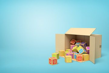 3d rendering of cardboard box lying sidelong full of ABC blocks on light-blue background.