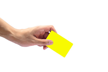 Hand holding blank card on white background