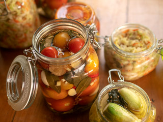 Canned vegetables, pickled tomatoes, pickled cucumbers, sauerkraut