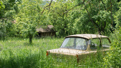 Old car, abandoned and overgrown