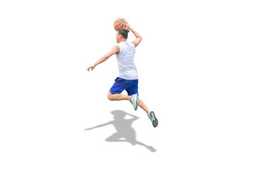 Fototapeta na wymiar Isolated Basketball in hand man jumping on a white background with clipping path...