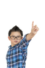 Little child in glasses feels like confident on white background on isolated