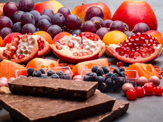 fresh fruits, mix of nuts, berry and chocolate, antioxidants rich food, good for brain