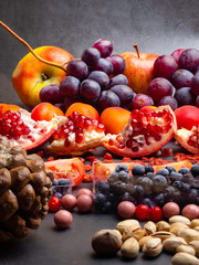 fresh fruits, mix of nuts, berry and chocolate, antioxidants rich food, good for brain