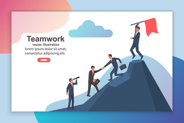Fototapeta premium Teamwork concept web template landing page. Team businessmen together rise on mountain with flag. Give help hand. Collaboration concept. Vector design. Business people work together to achieve goal.
