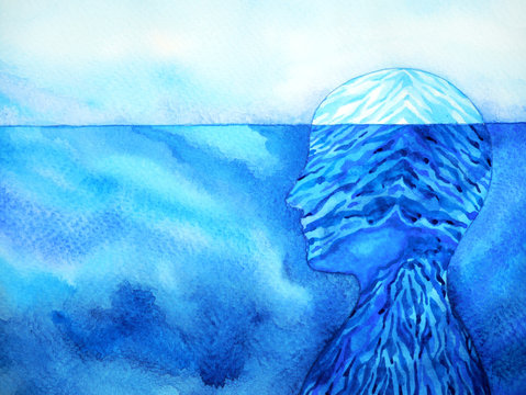 abstract iceberg human head mind mental spiritual watercolor painting illustration design