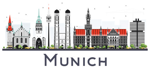 Munich Germany City Skyline with Color Buildings Isolated on White.