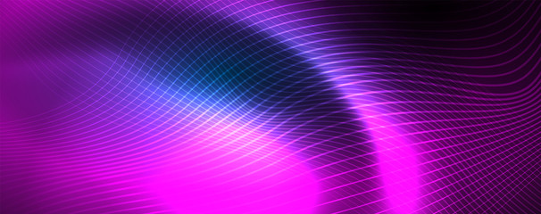 Smooth wave lines on blue neon color light background. Glowing abstract wave on dark, shiny motion, magic space light