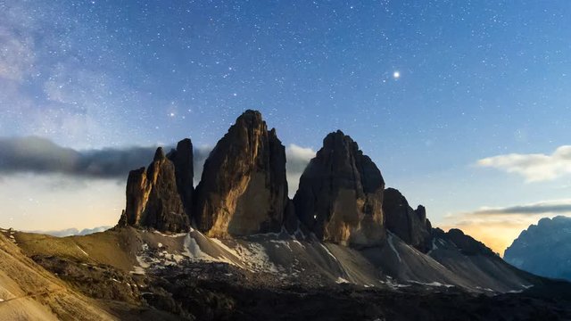 4K Timelapse of Milky way over Tre Cime di Lavaredo, Dolomites, Italy 