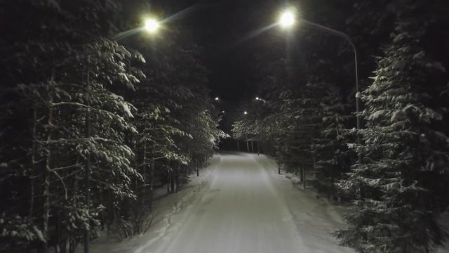 Aerial for snowy road at night in the pine trees forest in winter season. Clip. The empty night road with the light poles in the snowy cold weather.