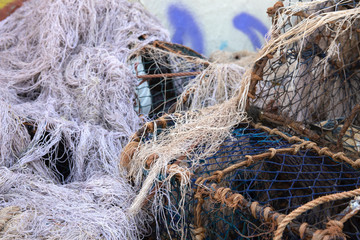 Tangled fishing nets and ropes wharfside in Essaouira, Morocco