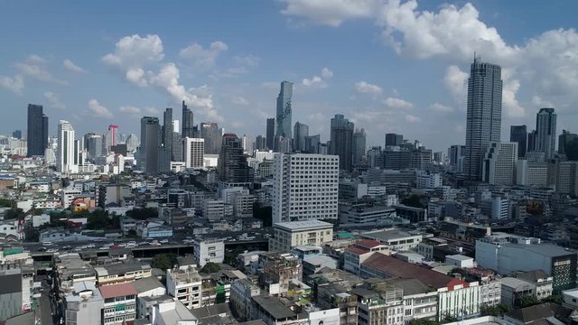 Bangkok Thailand Silom Downtown Cinematic Drone Aerial of Skyscrapers Traffic Business and Residental Buildings 4k