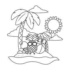 Summer and fruits funny cartoons in black and white