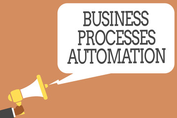 Conceptual hand writing showing Business Processes Automation. Business photo showcasing performed to achieve digital transformation Man holding megaphone speech bubble message speaking loud