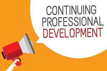 Text sign showing Continuing Professional Development. Conceptual photo tracking and documenting knowledge Man holding megaphone loudspeaker speech bubble message orange background