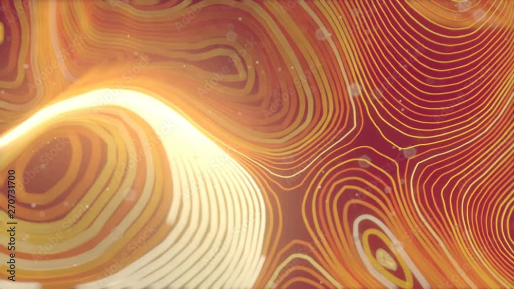 Poster Orange colored abstract background with bright particles. Deformed wavy wires with motion glowing elements. Depth of field. 3D render loop animation. 4K, Ultra HD resolution.