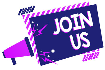 Text sign showing Join Us. Conceptual photo Register in community Team or blog Sign up at social media Megaphone loudspeaker purple striped frame important message speaking loud