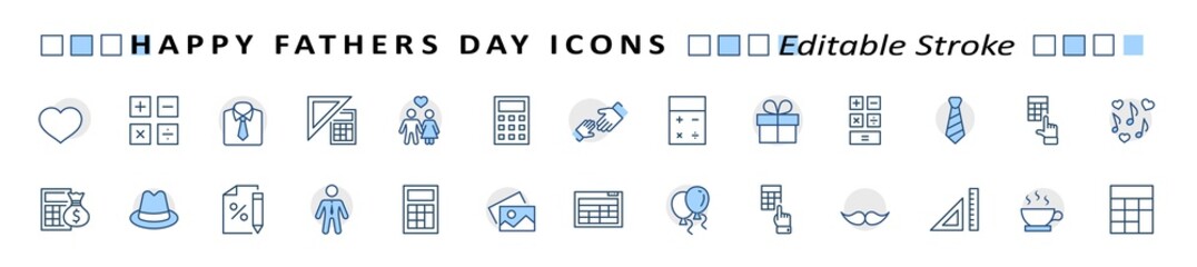 Banner Father's Day Set Line Vector Icon. Cover Contains such Icons as Father, Family, Mustache, Dad, Tie, Shirt, Handshake, Hat, Coffee, Purse, Gift, Portfolio, Love and more. Editable Stroke