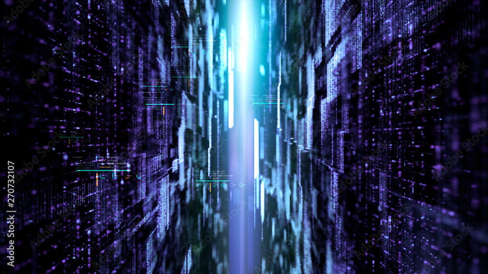 Poster futuristic digital matrix grid particles de-focus cyber space background environment