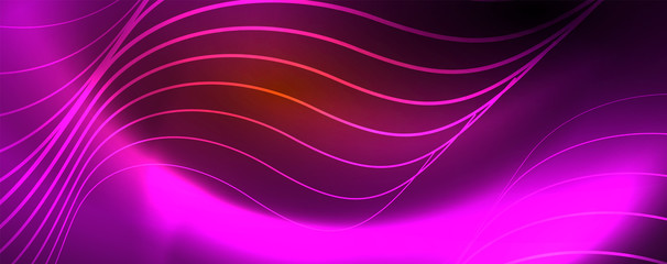 Bright neon circles and wave lines, glowing shiny background design template, digital techno concept.