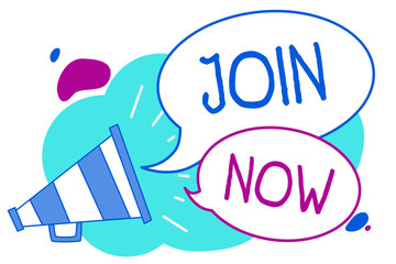 Conceptual hand writing showing Join Now. Business photo text An invite to a person or a friend to become a member of the group Megaphone loudspeaker loud screaming idea talking speech bubbles