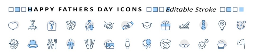 Banner Father's Day Set Line Vector Icon. Cover Contains such Icons as Father, Family, Mustache, Dad, Tie, Shirt, Handshake, Hat, Coffee, Purse, Gift, Portfolio, Love and more. Editable Stroke