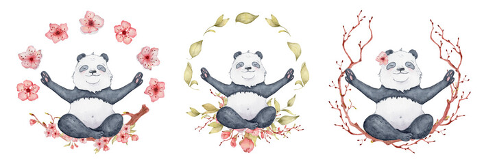 Panda bear sitting in lotus position with sakura wreath, Cute yoga animal illustration © EvgeniiasArt