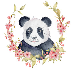 Watercolor panda bear illustration with sakura flowers decor Cute animal