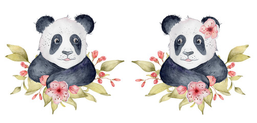 Obraz premium Watercolor panda bear illustration with sakura flowers decor Cute animal