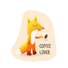 Cute cartoon fox with coffee and text coffee lover