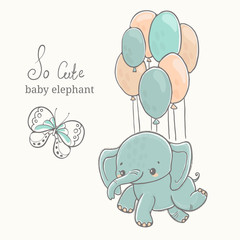 Baby elephant with butterfly flying on baloon, illustration, cute animal drawing