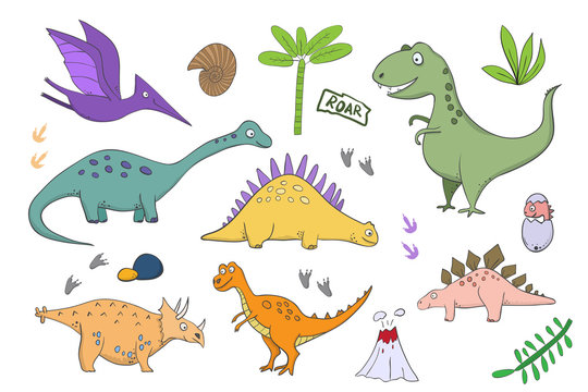 big Set with dinosaurs - illustrations of dinosaurs in the style of cartoon