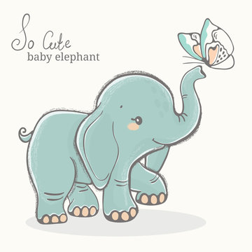 Baby elephant with butterfly illustration, cute animal drawing