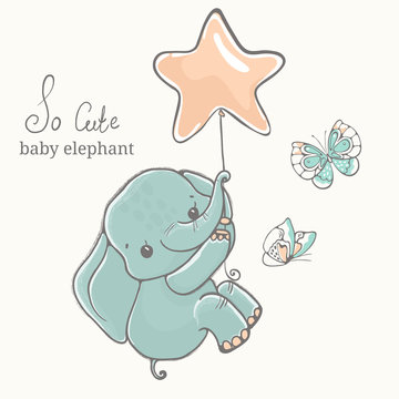 Baby elephant with butterfly flying on baloon, illustration, cute animal drawing
