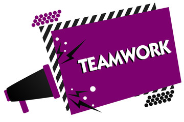 Naklejka premium Conceptual hand writing showing Teamwork. Business photo text Group of people who work together as one and with the same aim Megaphone loudspeaker loud scream idea talk frame striped speech