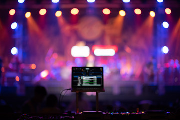 Fototapeta na wymiar Concert On Stage Show, Entertainment Music Light and Sound, Concert Festival Music, Event Management Performance. Abstract Blur, Bokeh, for Background. 