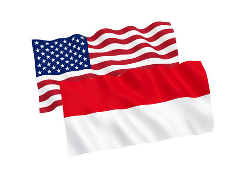 National fabric flags of Indonesia and America isolated on white background. 3d rendering illustration. 1 to 2 proportion.