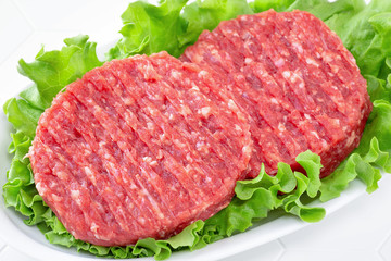 Raw mince meat beef burgers on a white plate with lettuce leaves