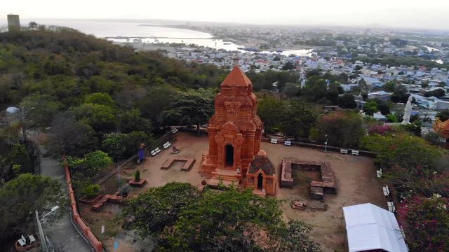 Cham Towers Po sha Nu , vietnam. Monument Cham architecture and sculptures. top view, aerial view. 4K move fly drone