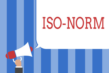 Conceptual hand writing showing Iso Norm. Business photo text An accepted standard or a way of doing things most people agreed Megaphone loudspeaker screaming idea talk talking speech bubble