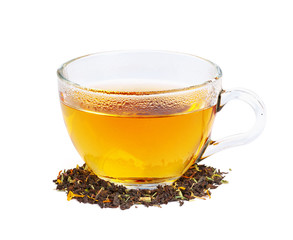 Black tea in a cup of glass. Mint and tea leaves. On white, isolated background