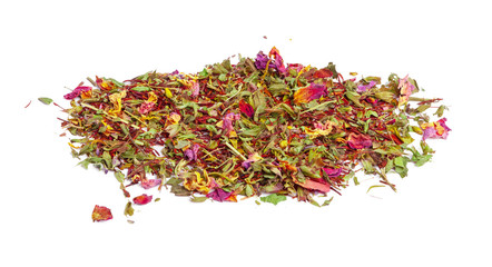 Green tea with dry flowers on white background. Close up