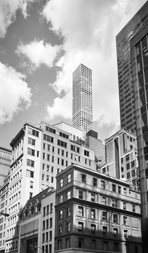 Black and white picture of New York City diverse architecture.