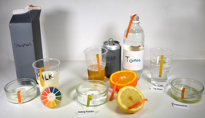 The pH factor of some everyday's food items shown with strips of indicator paprer.