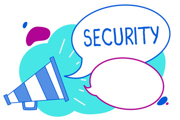 Conceptual hand writing showing Security. Business photo text The state of feeling safe stable and free from fear or danger Megaphone loudspeaker loud screaming idea talking speech bubbles