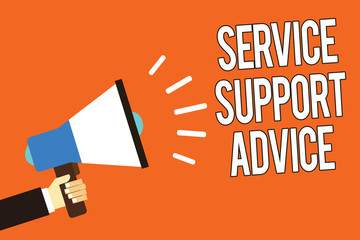 Writing note showing Service Support Advice. Business photo showcasing providing help to others in verbal or action way Man holding megaphone loudspeaker orange background message speaking