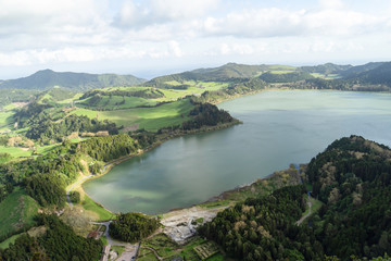 mountain landscape with green lake in the Azores
