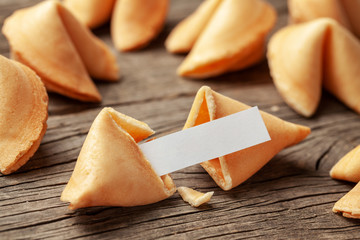 Chinese fortune cookies. Cookies pile with blank blank inside for words prediction. Background of...